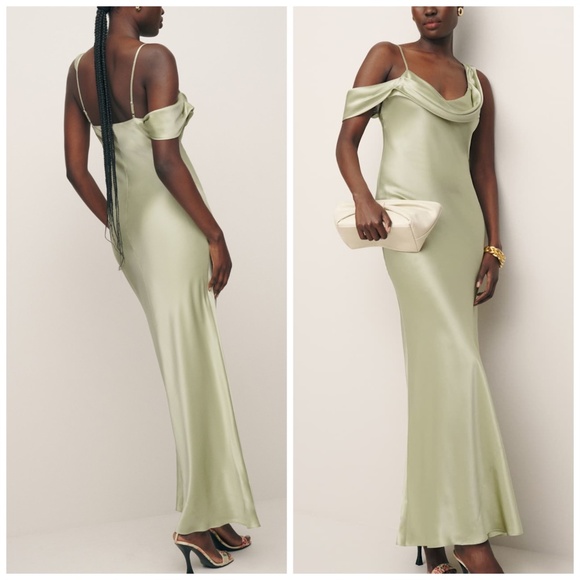 Reformation RONDA silk drape maxi dress - dried herbs sage green herb - Size 10 - Picture 1 of 13